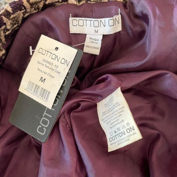 NWT Cotton On Selma Double Breasted Coat Textured Check Jacket Burgundy Size M - Picture 7 of 8
